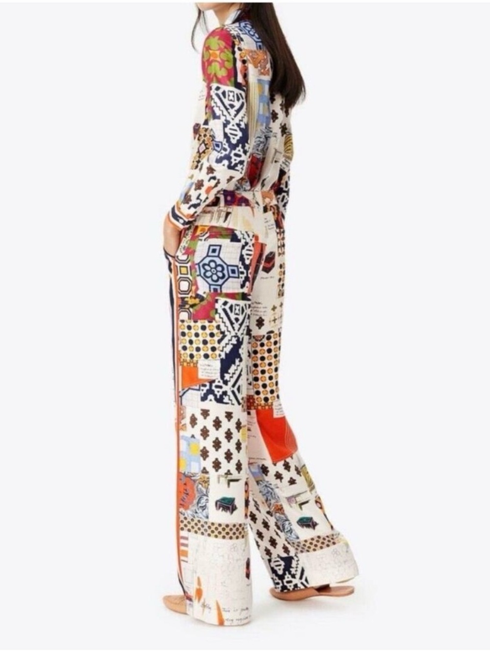 Tory Burch Sienna Printed Silk Trousers | Patchwork Collage | Size Medium - Picture 4 of 16